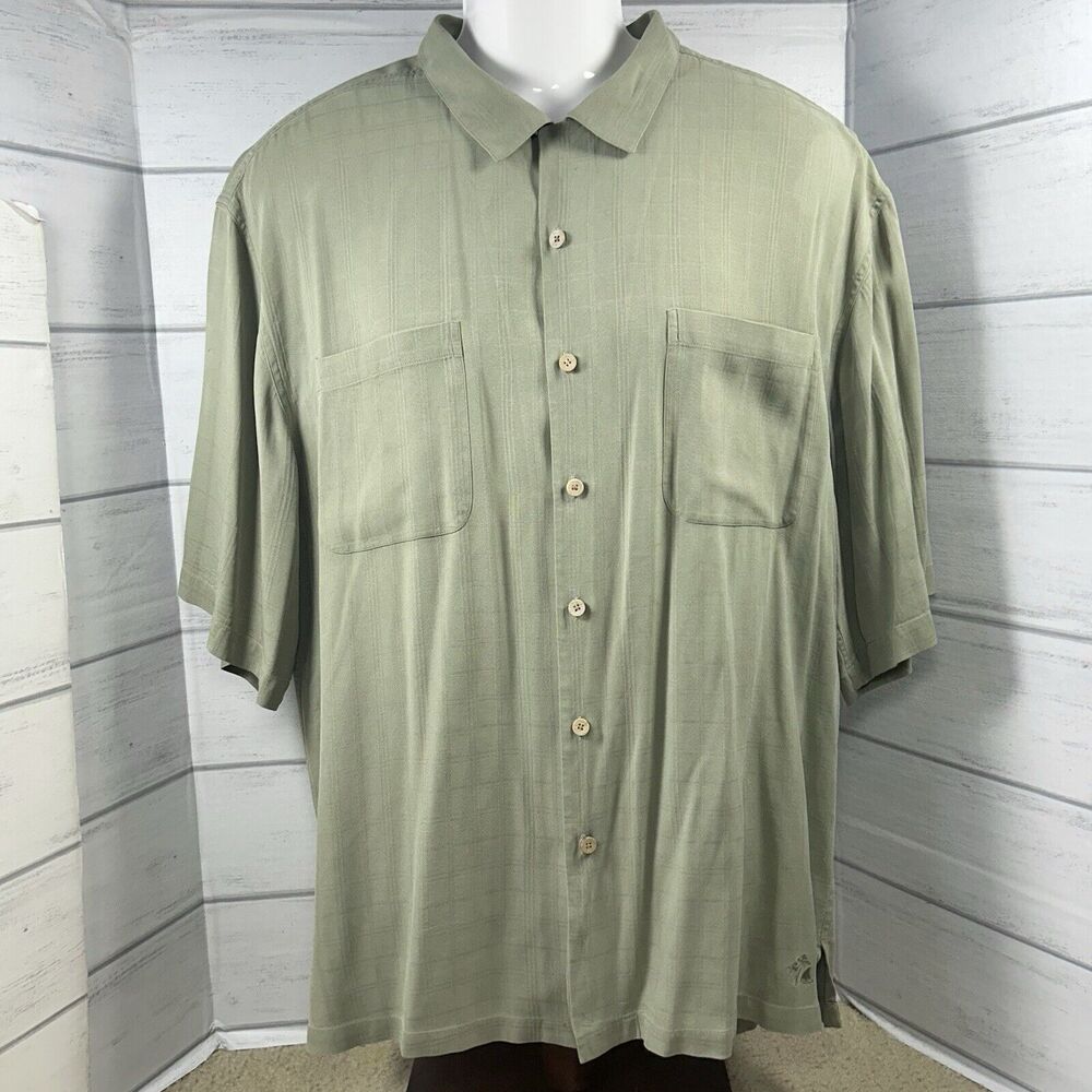 Joey Richi Men's XXL Button Front Silk Shirt Collared Short Sleeve Pocket Green